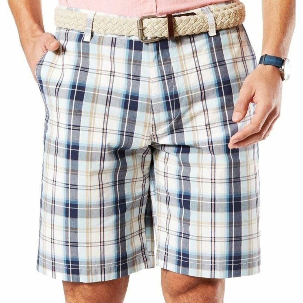 Dockers Men's Classic Fit Plaid Flat Front Perfect Short D3 Blue Multi, 30W
